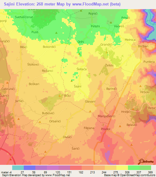 Sajini,Croatia Elevation Map