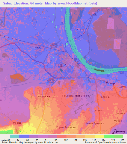 Sabac,Serbia Elevation Map