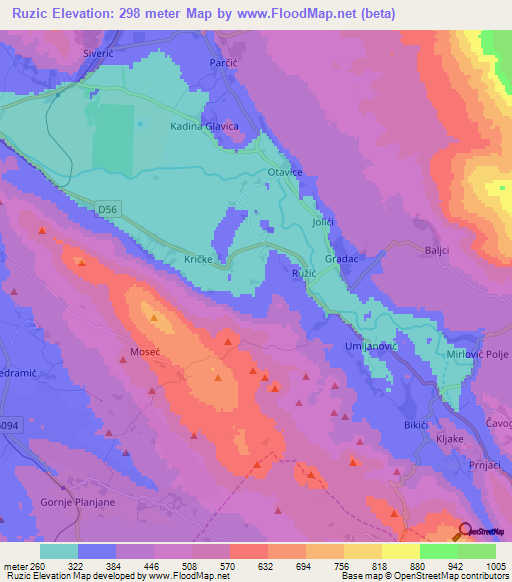 Ruzic,Croatia Elevation Map