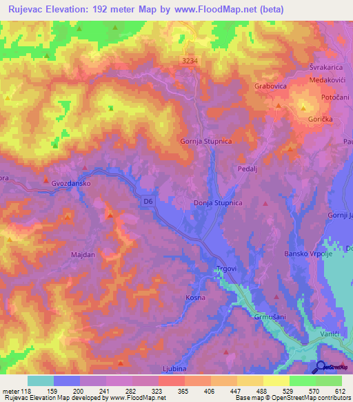 Rujevac,Croatia Elevation Map