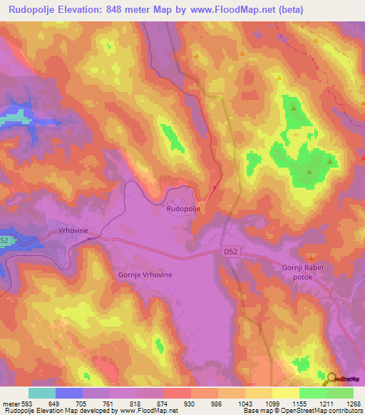 Rudopolje,Croatia Elevation Map