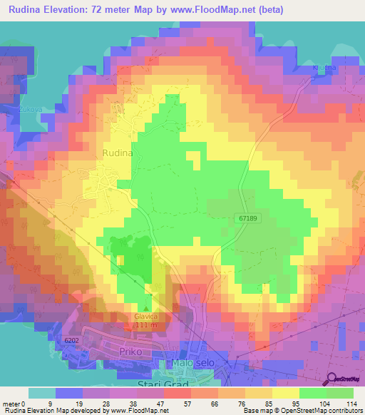 Rudina,Croatia Elevation Map