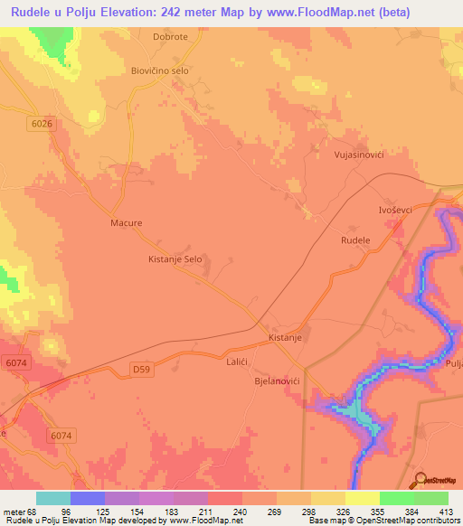 Rudele u Polju,Croatia Elevation Map