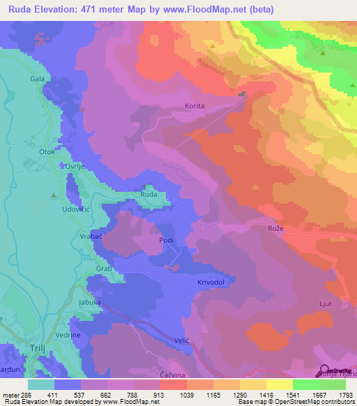 Ruda,Croatia Elevation Map