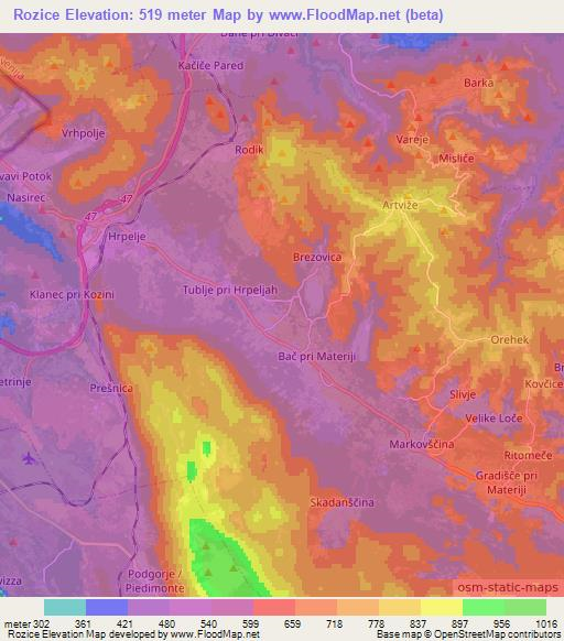 Rozice,Slovenia Elevation Map