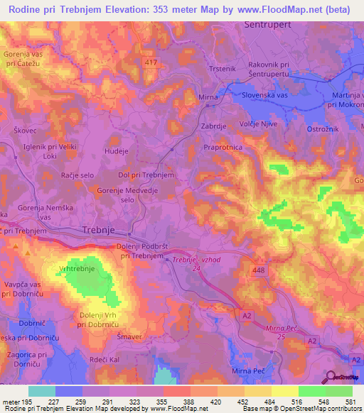 Rodine pri Trebnjem,Slovenia Elevation Map