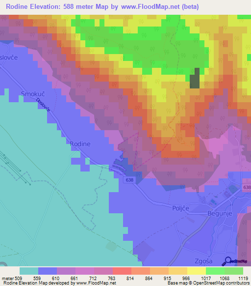 Rodine,Slovenia Elevation Map