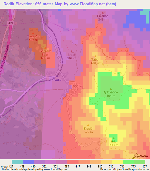 Rodik,Slovenia Elevation Map