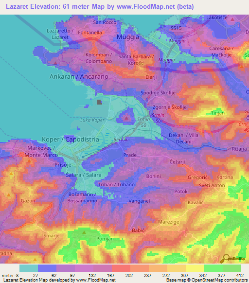 Lazaret,Slovenia Elevation Map