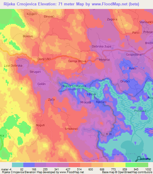 Rijeka Crnojevica,Montenegro Elevation Map