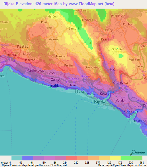 Rijeka,Croatia Elevation Map