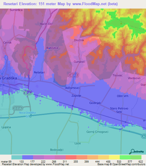 Resetari,Croatia Elevation Map