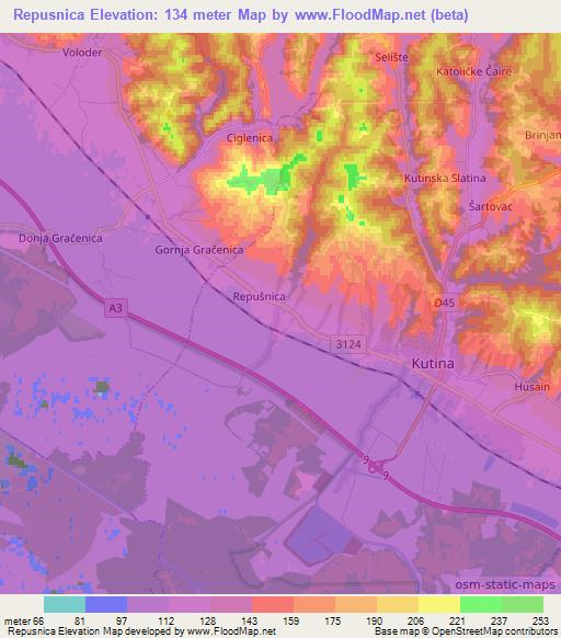 Repusnica,Croatia Elevation Map