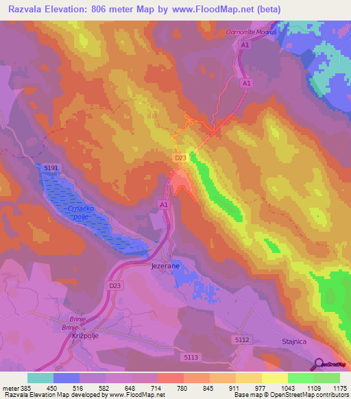 Razvala,Croatia Elevation Map