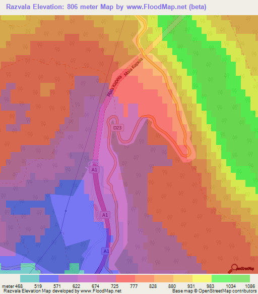 Razvala,Croatia Elevation Map