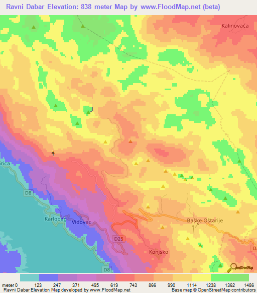 Ravni Dabar,Croatia Elevation Map