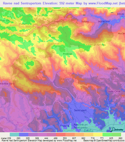 Ravne nad Sentrupertom,Slovenia Elevation Map