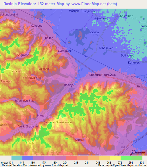 Rasinja,Croatia Elevation Map