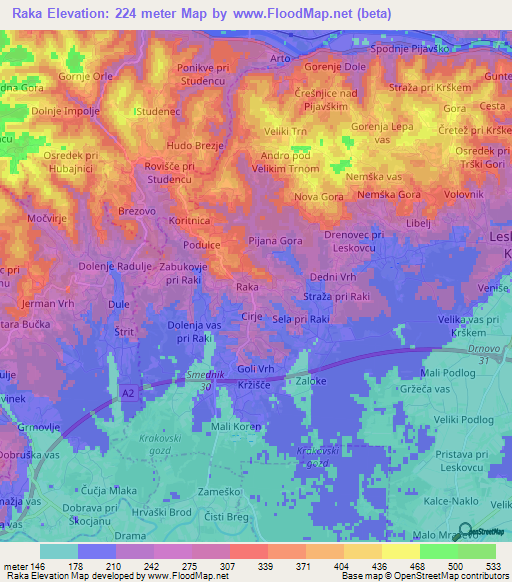 Raka,Slovenia Elevation Map