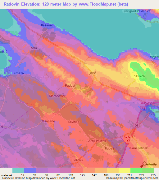 Radovin,Croatia Elevation Map