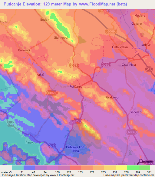 Puticanje,Croatia Elevation Map