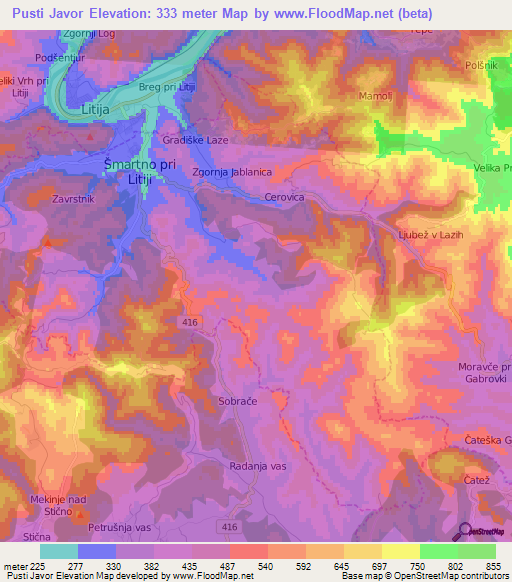 Pusti Javor,Slovenia Elevation Map