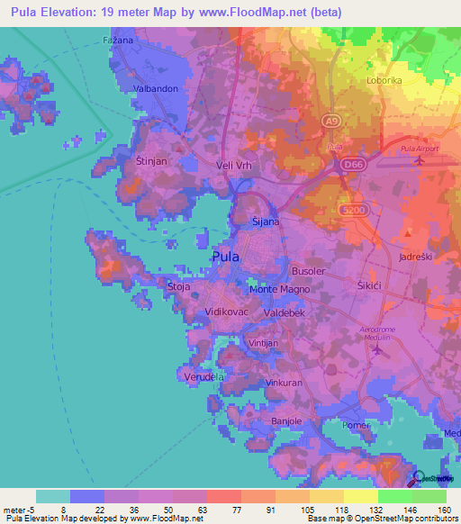 Pula,Croatia Elevation Map