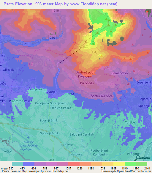 Psata,Slovenia Elevation Map