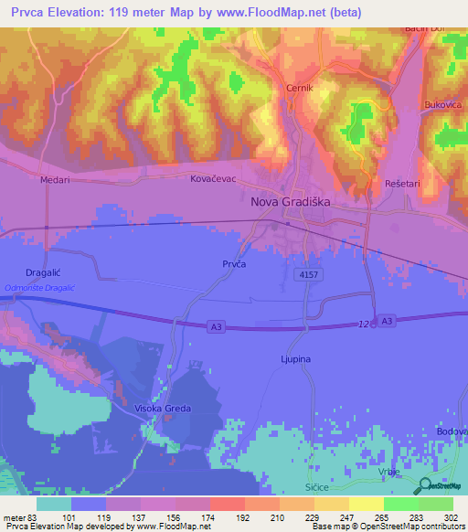 Prvca,Croatia Elevation Map