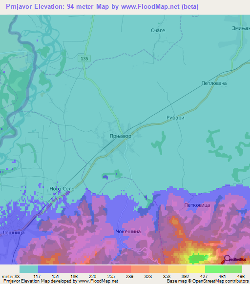 Prnjavor,Serbia Elevation Map