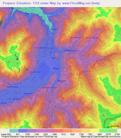 Prnjavor,Montenegro Elevation Map