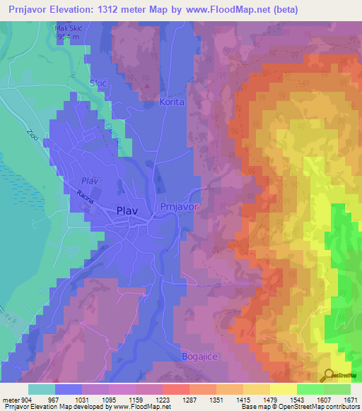 Prnjavor,Montenegro Elevation Map