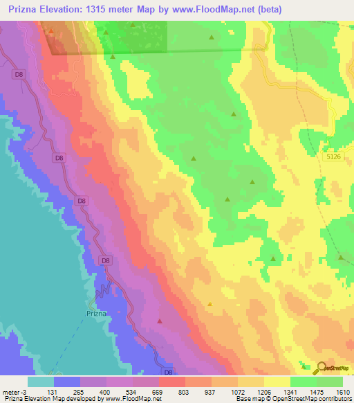 Prizna,Croatia Elevation Map