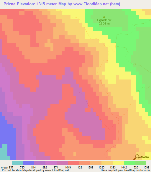 Prizna,Croatia Elevation Map