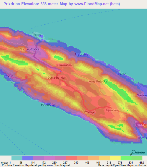 Prizdrina,Croatia Elevation Map