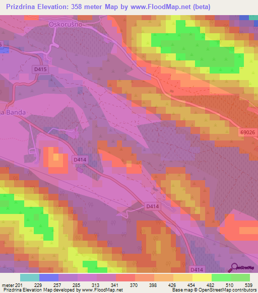 Prizdrina,Croatia Elevation Map