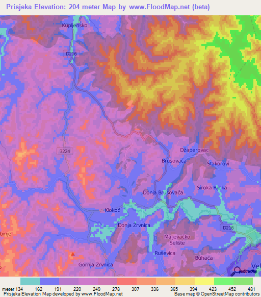 Prisjeka,Croatia Elevation Map