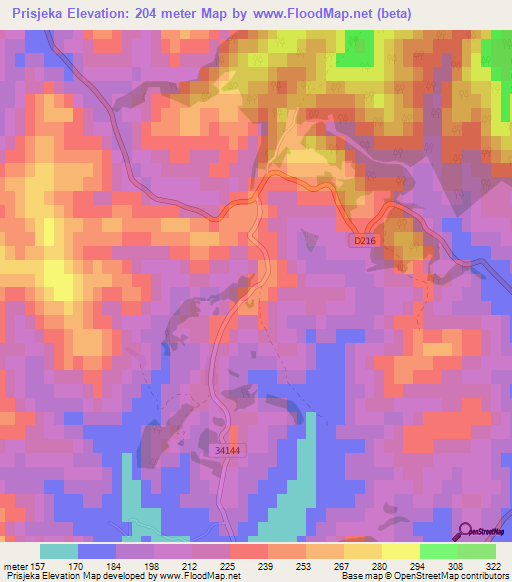 Prisjeka,Croatia Elevation Map