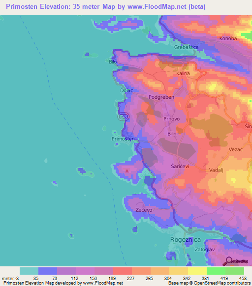 Primosten,Croatia Elevation Map