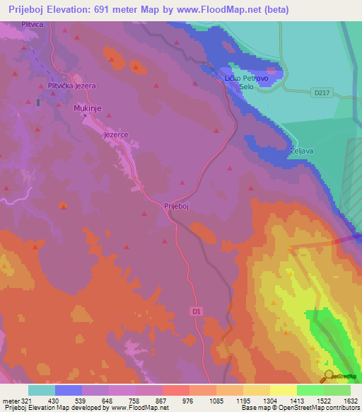 Prijeboj,Croatia Elevation Map