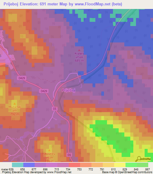 Prijeboj,Croatia Elevation Map