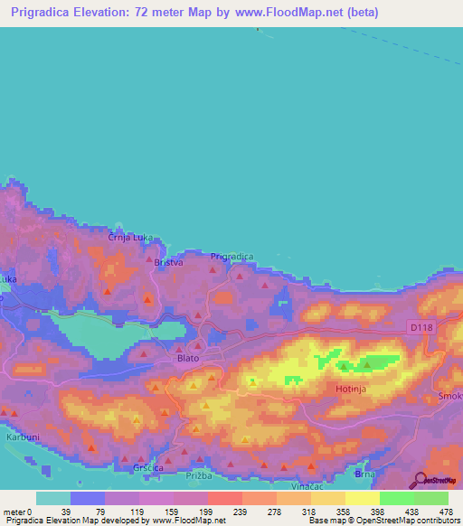 Prigradica,Croatia Elevation Map