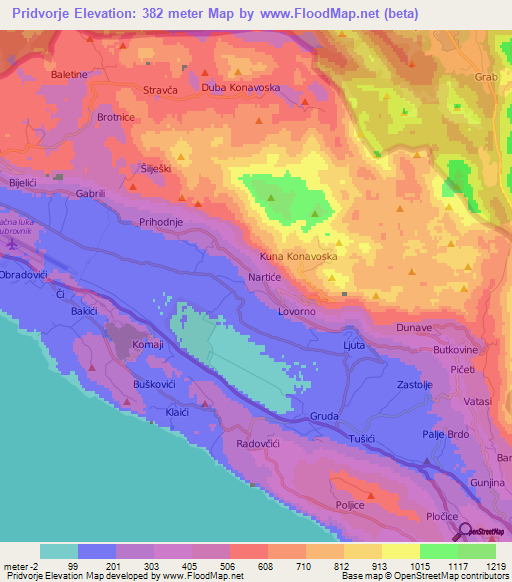 Pridvorje,Croatia Elevation Map