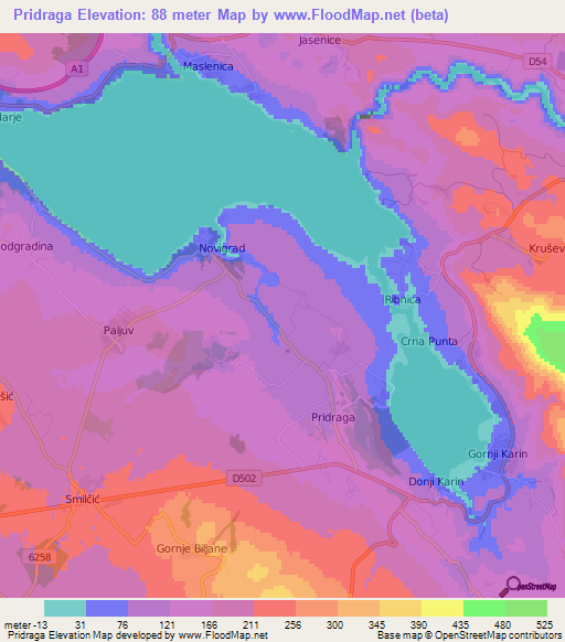 Pridraga,Croatia Elevation Map