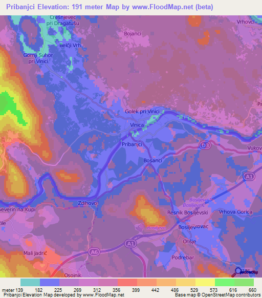 Pribanjci,Croatia Elevation Map