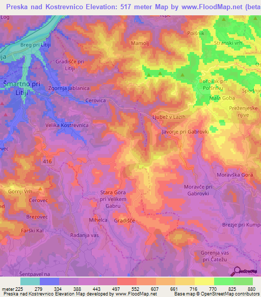 Preska nad Kostrevnico,Slovenia Elevation Map