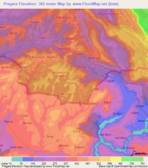 Pregara,Slovenia Elevation Map