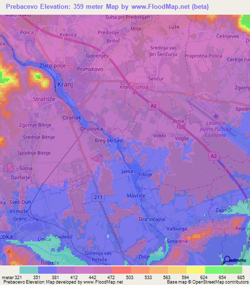 Prebacevo,Slovenia Elevation Map