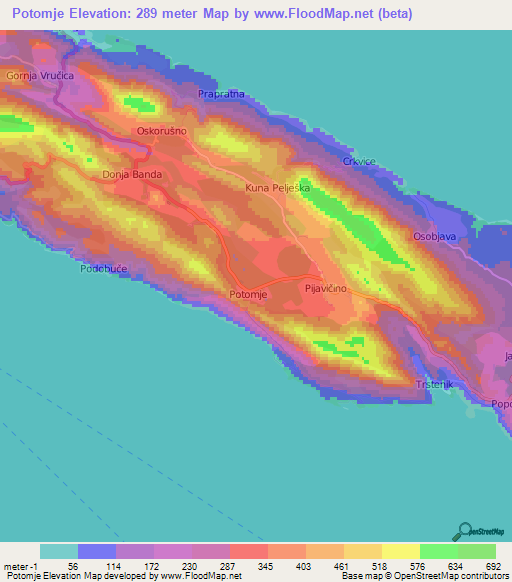 Potomje,Croatia Elevation Map