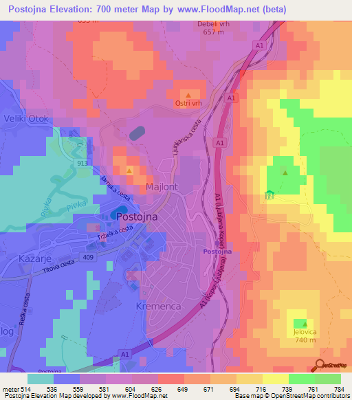 Postojna,Slovenia Elevation Map